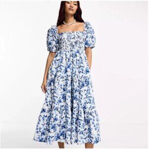 Abercrombie Smocked Bodice Poplin Midi Dress Blue Floral - XL